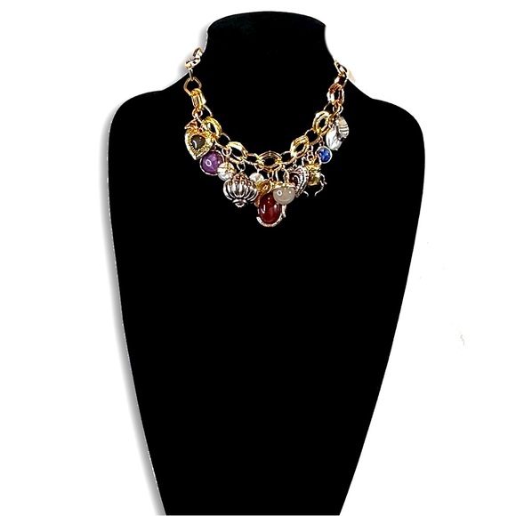 ZARA Double Gold Link Eclectic Burgundy & Blue Charm Necklace | NWOT - Picture 2 of 6